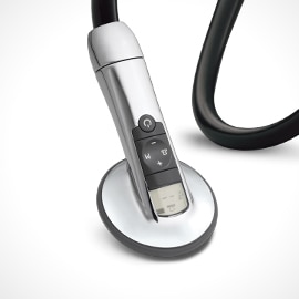 Close-up of the chestpiece and controls of a 3M Littmann Electronic Stethoscope Model 3200.