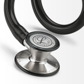 Close-up showing the pediatric side of a 3M Littmann Cardiology III Stethoscope chestpiece and black tubing.